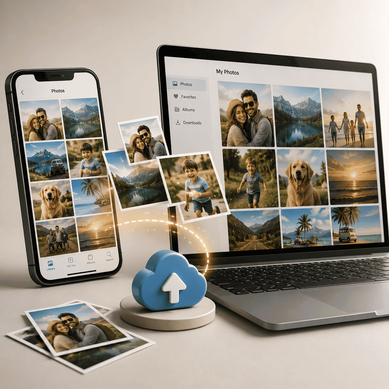 Photo upload shown on a phone and laptop