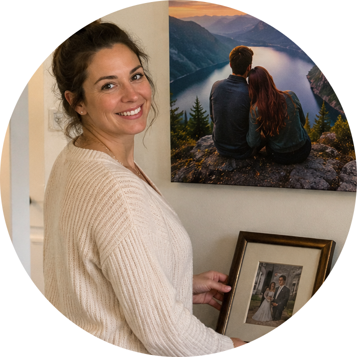 Customer holding a framed photo beside a canvas print